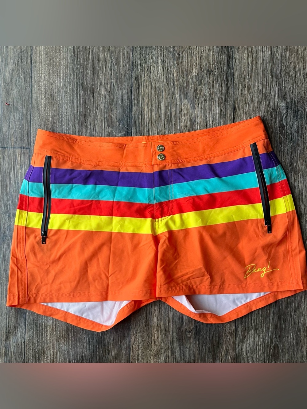 Bang! Miami stripe a pose remix orange rainbow striped swim shorts large